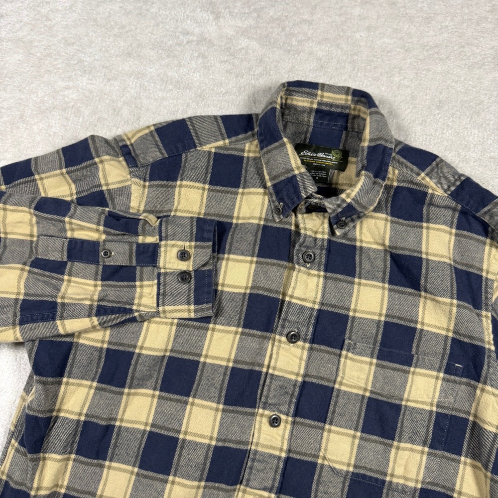 Eddie Bauer Flannel Shirt Mens S Navy‎ Tan Plaid Button Down Cotton Long Sleeve